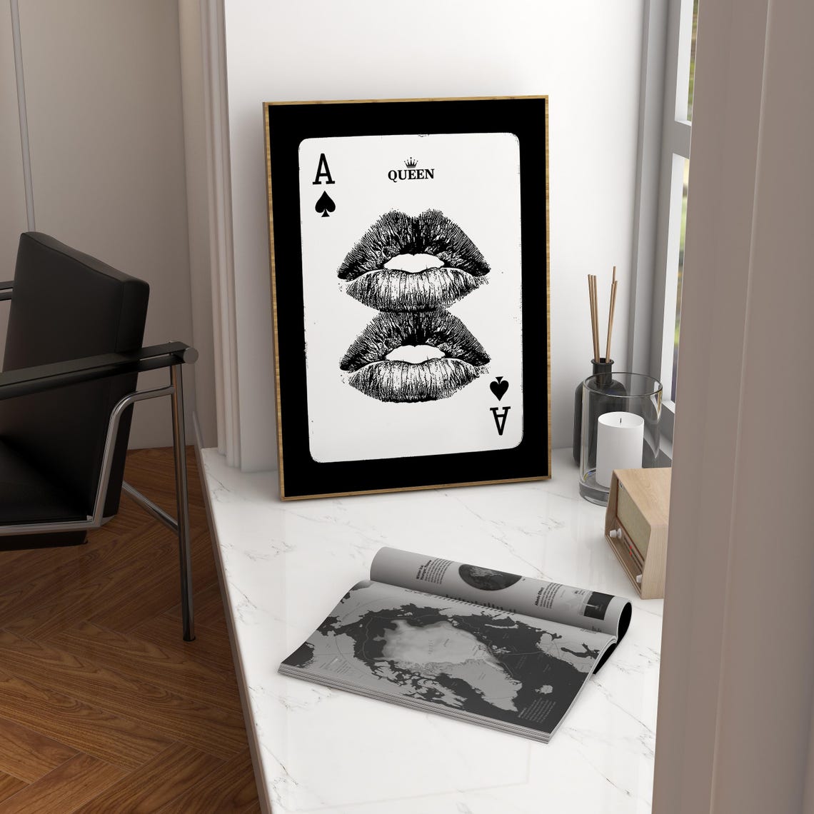 Queen Ace of Spades Crown Lips Kiss Monochrome Card Art Poster