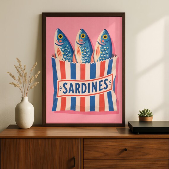 Retro Sardines Bag Pink Striped Fish Kitchen Seafood Art Poster