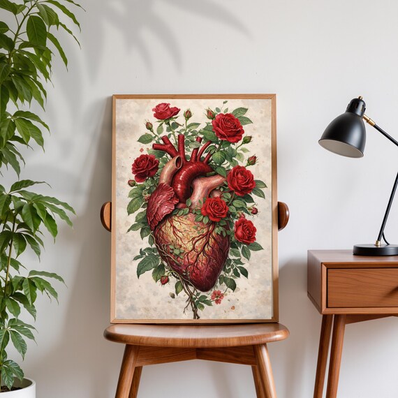 Anatomical Heart Roses Poster Botanical Illustration Vintage Medical Floral Art Gothic Print