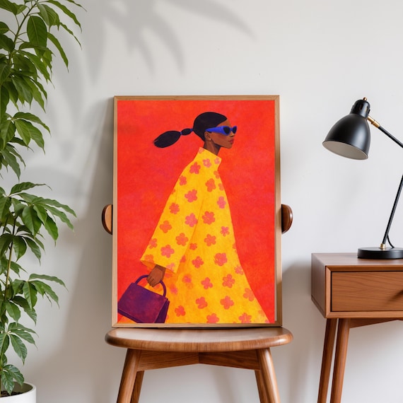 Bold Black Woman Sunglasses Floral Dress Fashion Illustration Poster