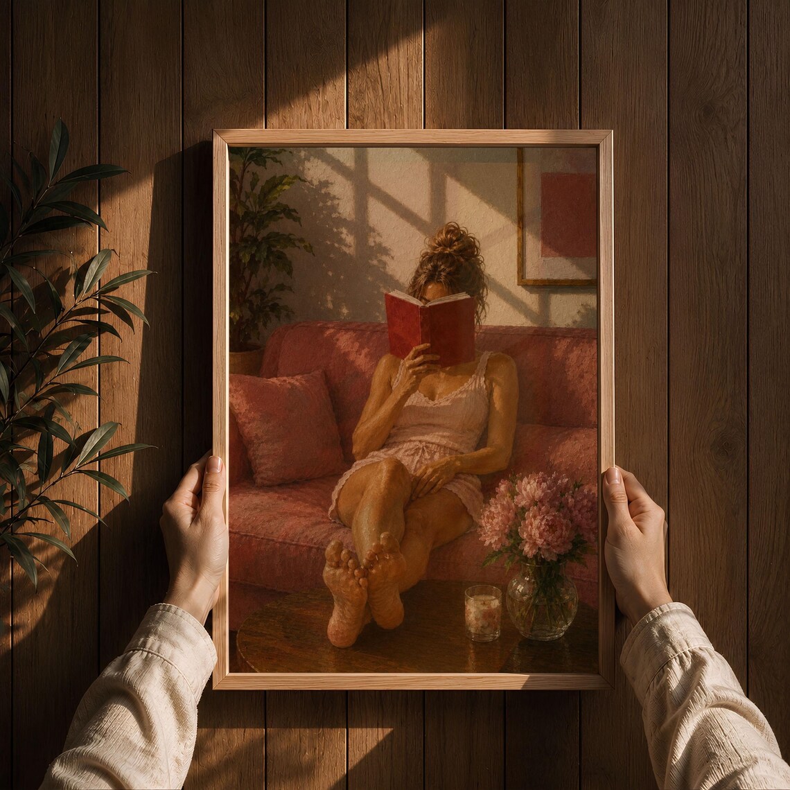 Pink Reading Woman Poster, Cozy Book Lover Decor