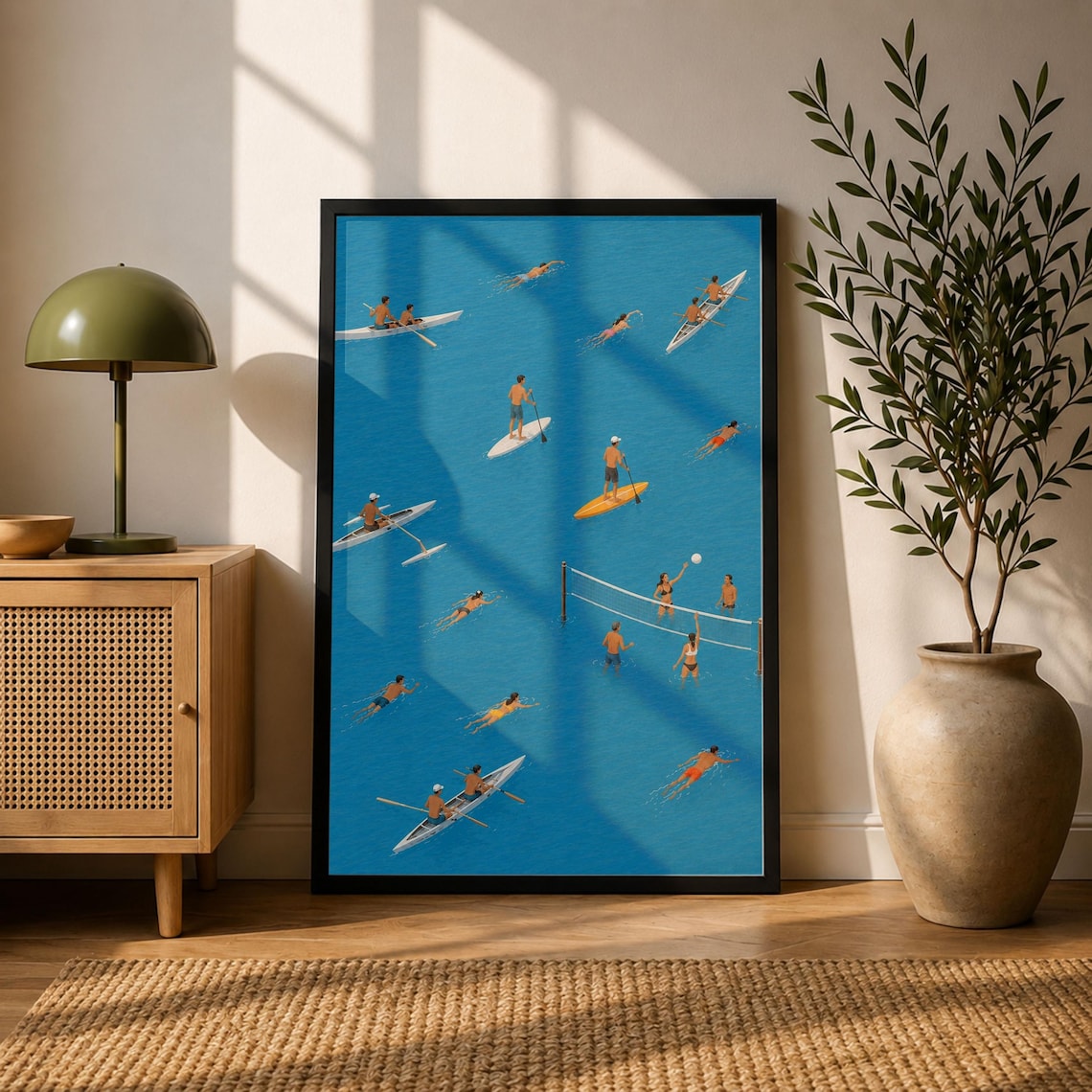 Aerial View Ocean Swimmers Kayakers Poster Coastal Summer Water Sports Decor
