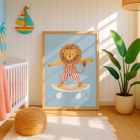 Playful Lion Skateboarder Poster Kids Animal Nursery Wall Decor