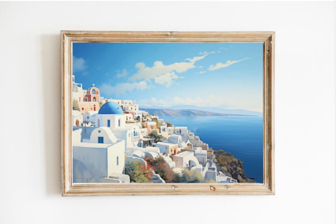 Santorini Greece Blue Dome Churches Mediterranean Oil Painting Poster
