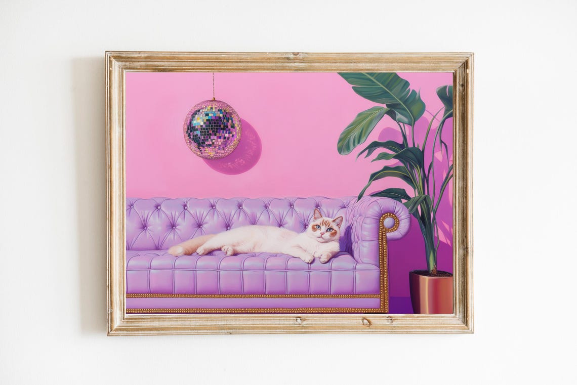 Siamese Cat on Purple Sofa Under Disco Ball Pink Party Art Poster