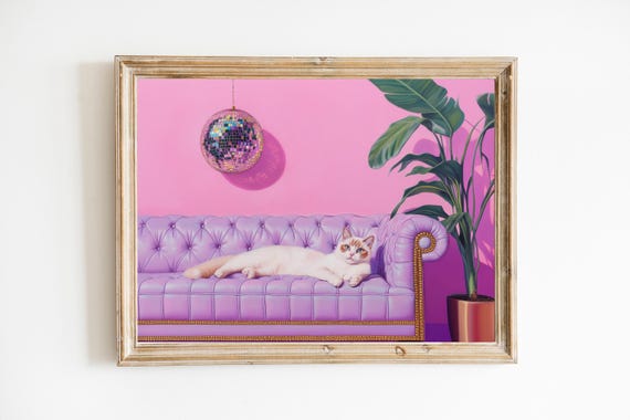 Siamese Cat With Disco Ball Art Print Cute Quirky Whimsical Cocktail Bar Cart Decor Fine Gift Trendy Home Wall