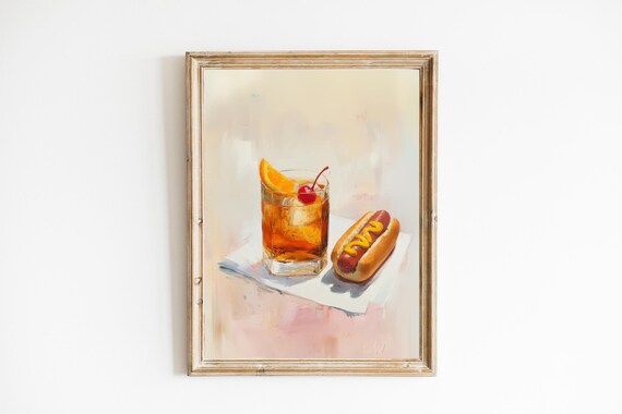 Old Fashioned Cocktail and Hot Dog Quirky Whimsical Bar Cart Art Poster