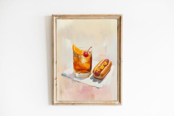 Old Fashioned With Classic Hotdog Art Print Cute Quirky Whimsical Cocktail Bar Cart Decor Trendy Home Wall