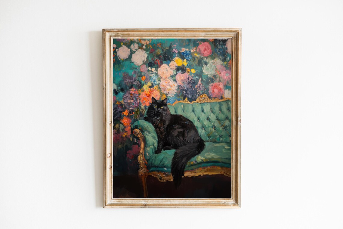 Black Cat On Green Sofa Floral Oil Painting Art Print Cat Gift