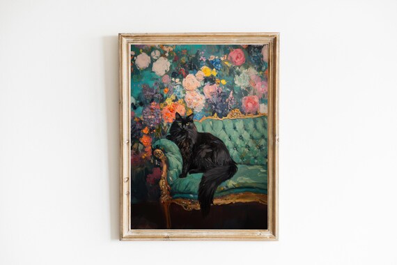 Black Cat On Green Sofa Floral Oil Painting Art Print Cat Gift