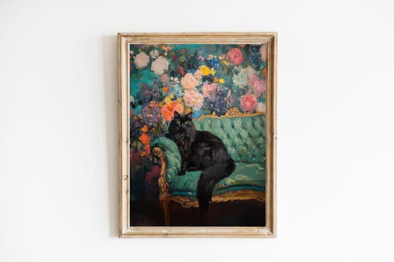 Black Cat With Floral Background Art Print Cute Quirky Whimsical Cocktail Bar Cart Decor Fine Gift Trendy Home Wall