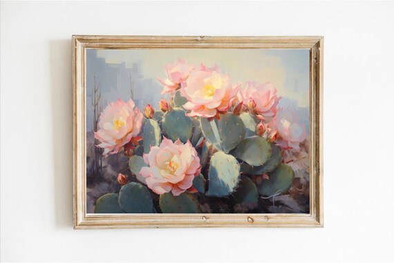 Pink Cactus Blossom Close Up Vintage Oil Painting Floral Poster