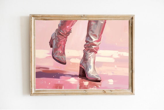 Cowgirl In Pink Boots Decor Trendy Wall Art Retro Western Print Home Dorm Room Painting Coquette Elegant Oil
