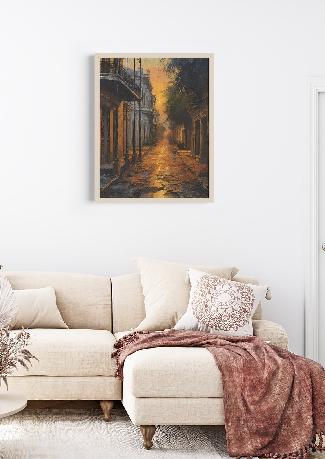 New Orleans French Quarter Sunset Balconies Cobblestone Street Painting Poster - Image 2