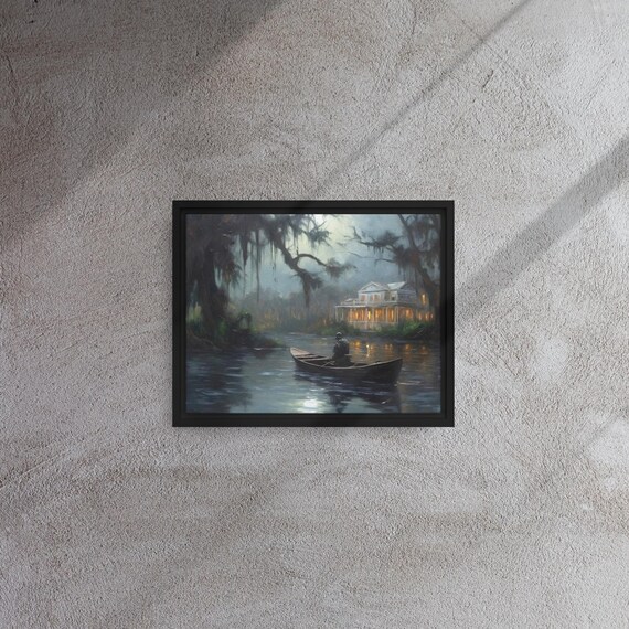 Southern Gothic Haunted Bayou Mansion Moonlit Boatman Night Wall Art Print