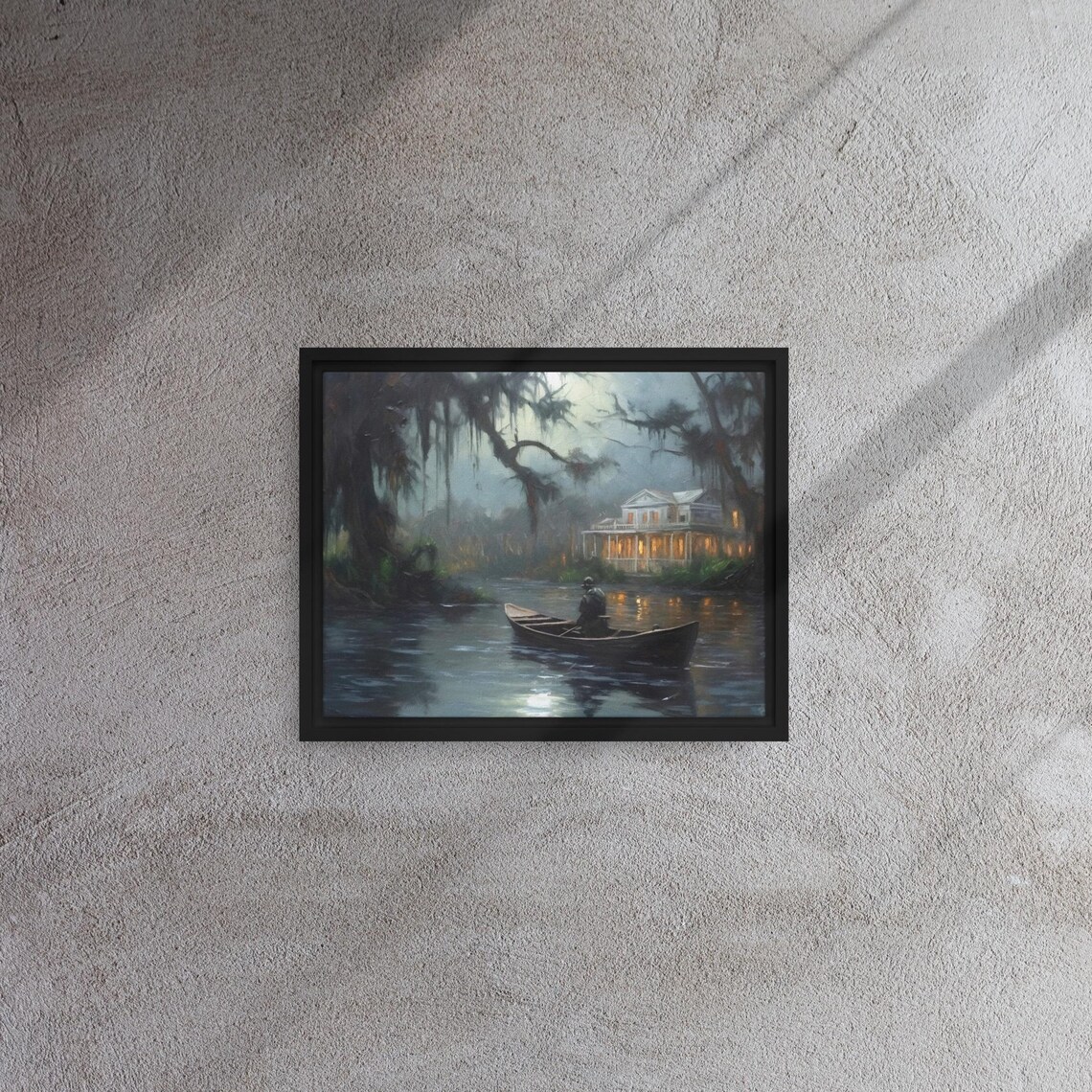 Southern Gothic Haunted Bayou Mansion Moonlit Boatman Night Wall Art Print