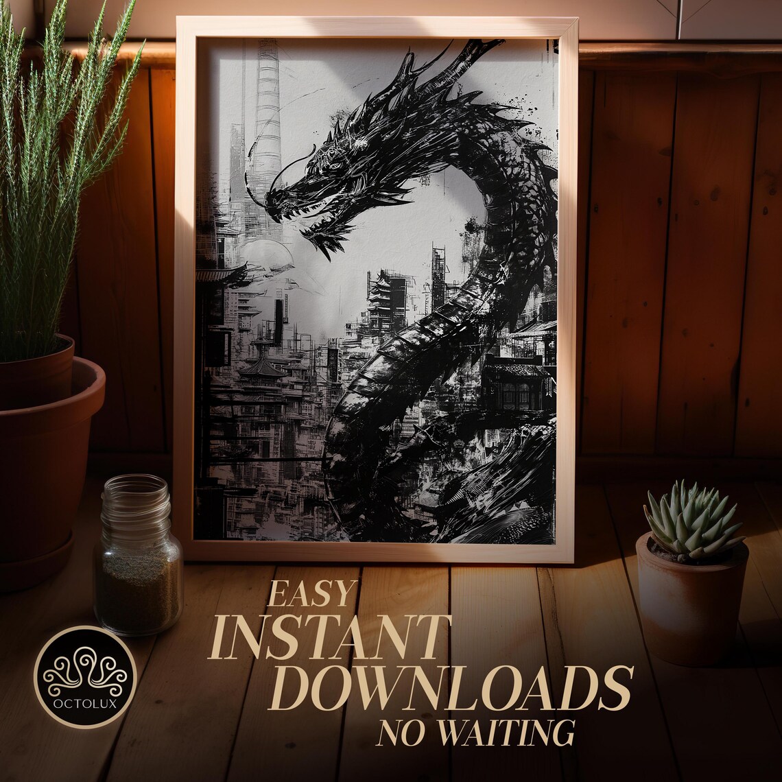 Black Ink Dragon Asian Cityscape Monochrome Art Lunar New Year Poster - Image 2