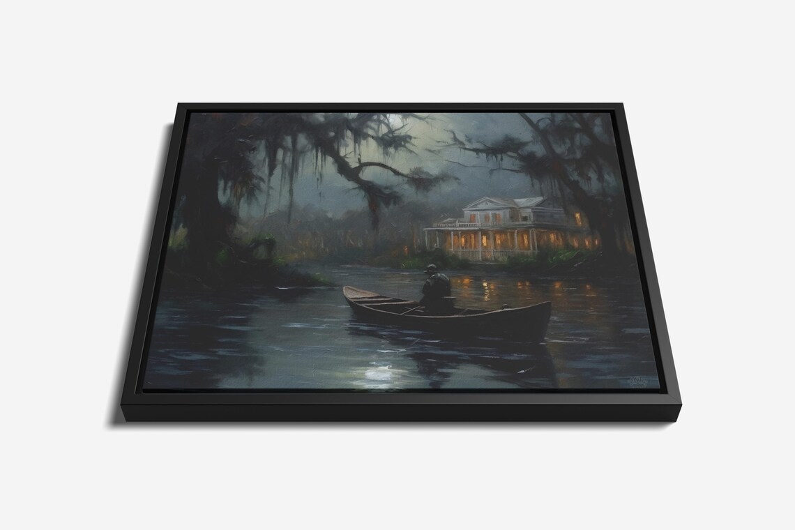 Southern Gothic Haunted Bayou Mansion Moonlit Boatman Night Wall Art Print - Image 4