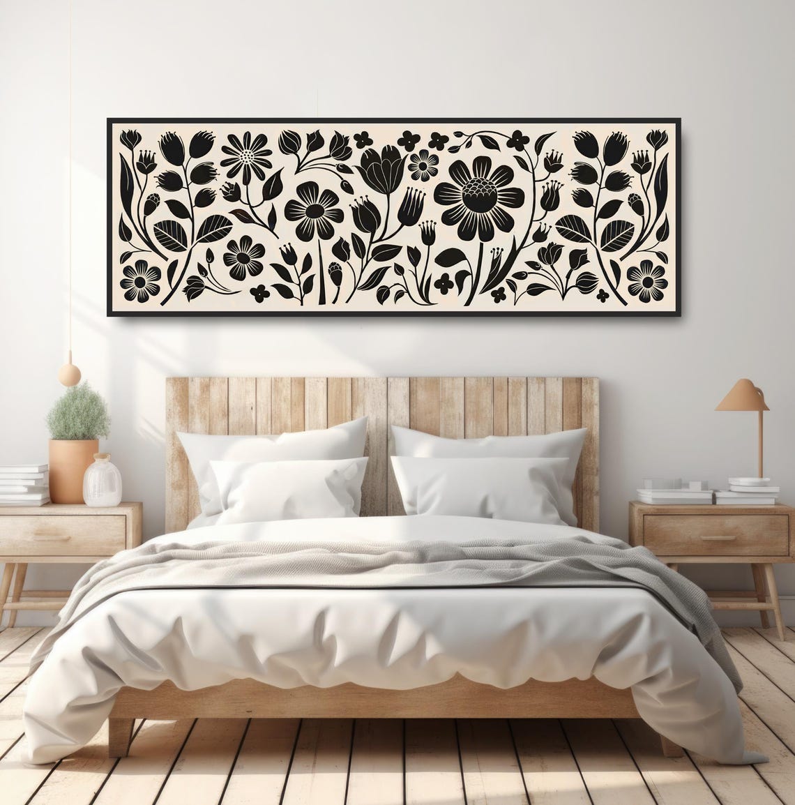 Black Beige Daisy Tulip Pattern Folk Botanical Minimalist Print - Image 4