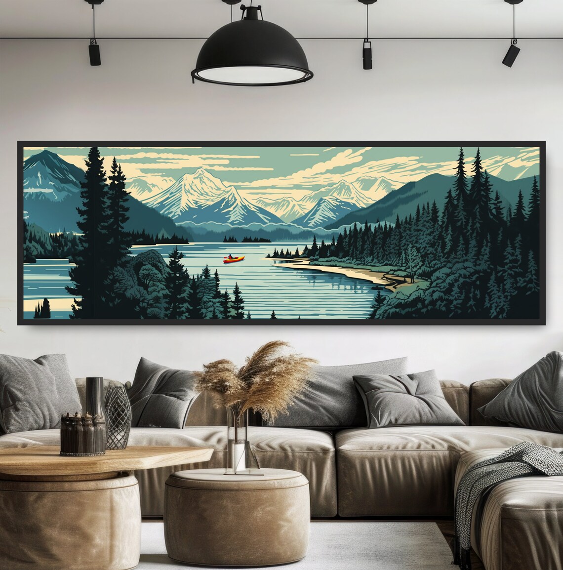Vintage Mountain Lake Kayaker Snowcapped Peaks Retro Teal Art Poster
