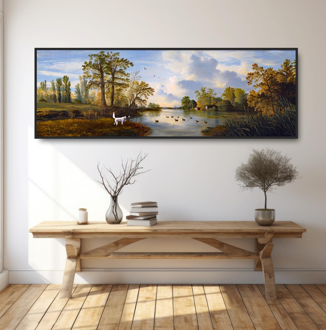 Hunting Dog Autumn River Ducks Panoramic Rustic Landscape Wall Art - Image 2
