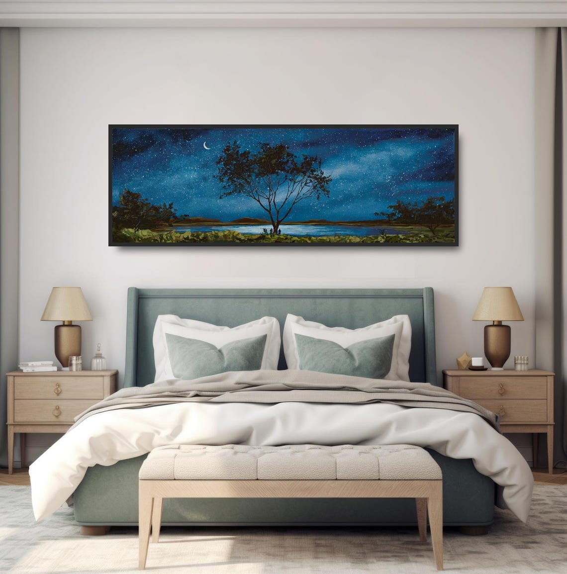Crescent Moon Starry Night Lake Lone Tree Calm Nature Wall Art - Image 4