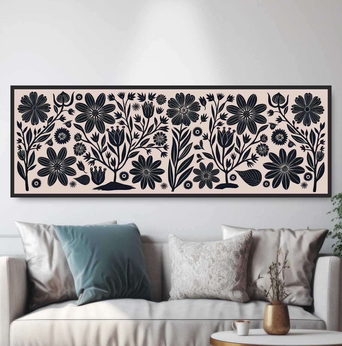 Black Beige Botanical Floral Pattern Minimalist Folk Home Decor Print