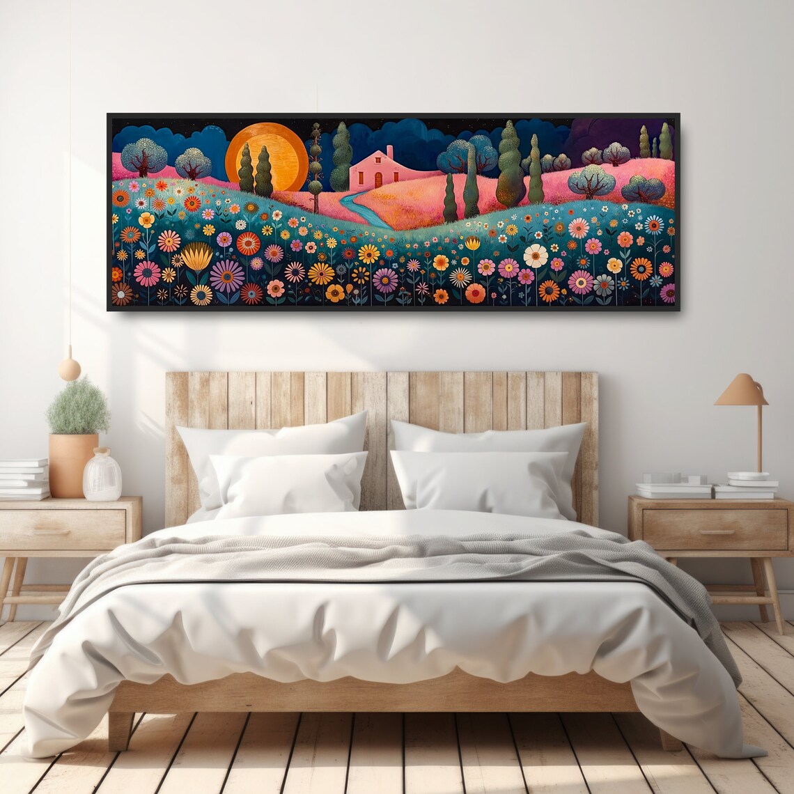 Whimsical Full Moon Night Cottage Folk Art Panoramic Flower Field Print - Image 4