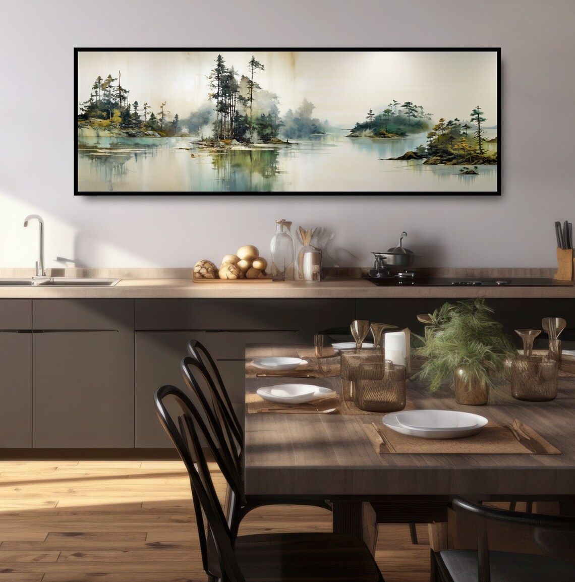 Misty Lake Islands Ink Wash Watercolor Panoramic Dreamy Pines Poster - Image 4