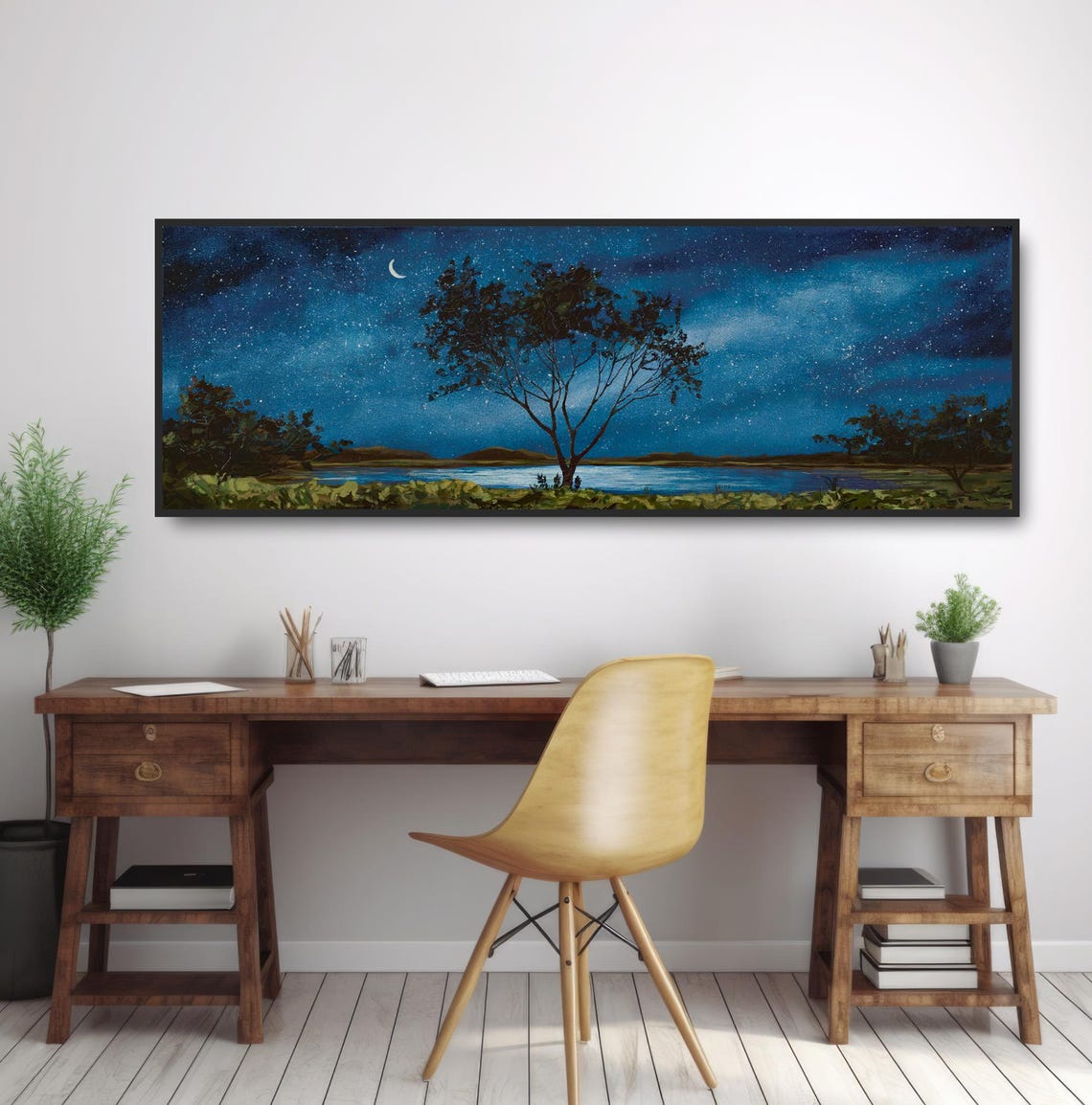 Crescent Moon Starry Night Lake Lone Tree Calm Nature Wall Art - Image 2