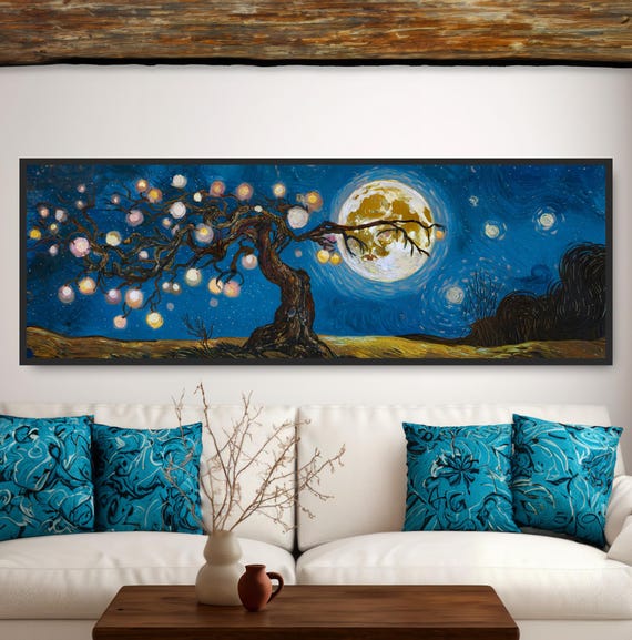 Van Gogh Inspired Starry Night Painting Print Twisted Tree Artwork Large Glowing Moon Art Dreamy Mystical Blue Sky Gold Panoramic Landscape