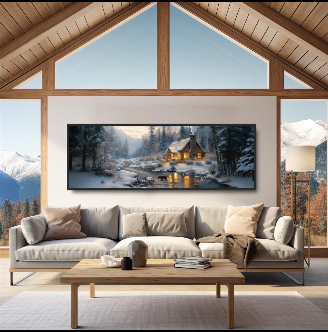 Winter Cabin Bear by Snowy River Mountain Lodge Dusk Landscape Poster - Image 5