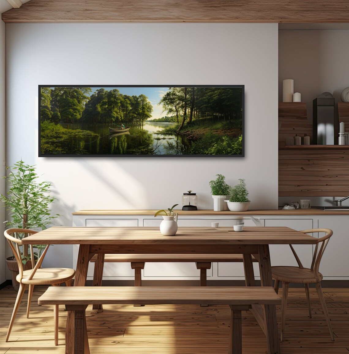 Gift For Fisherman Lake Fishing In A Canoe Panoramic Landscape Oil Painting Dark Green Lakehouse Decor Boat Tranquil Pond Calm River - Image 3
