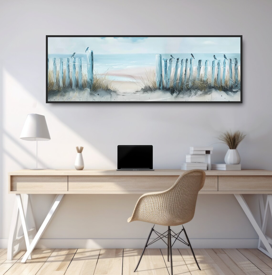 Seagulls on Beach Fence Watercolor Panoramic Coastal Dunes Wall Art - Image 2
