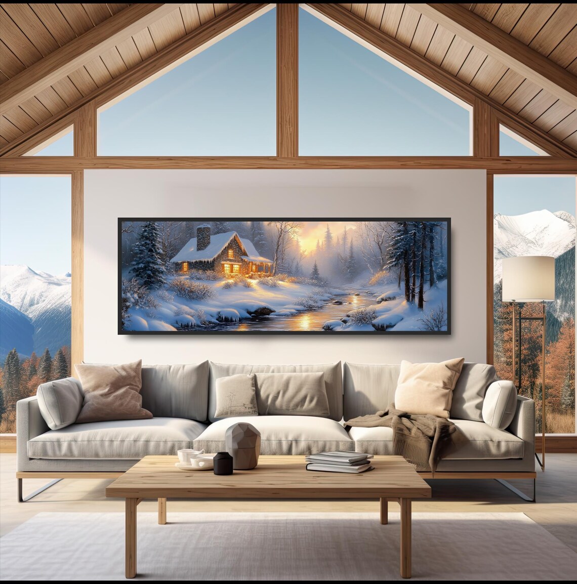 Glowing Winter Stone Cottage Snowy Forest River Landscape Poster - Image 5