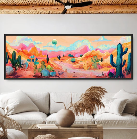 Colorful Desert Cactus Art Vibrant Neon Saturated Colors Panoramic Landscape Painting Western Southwest Wall Decor Bold Art Print