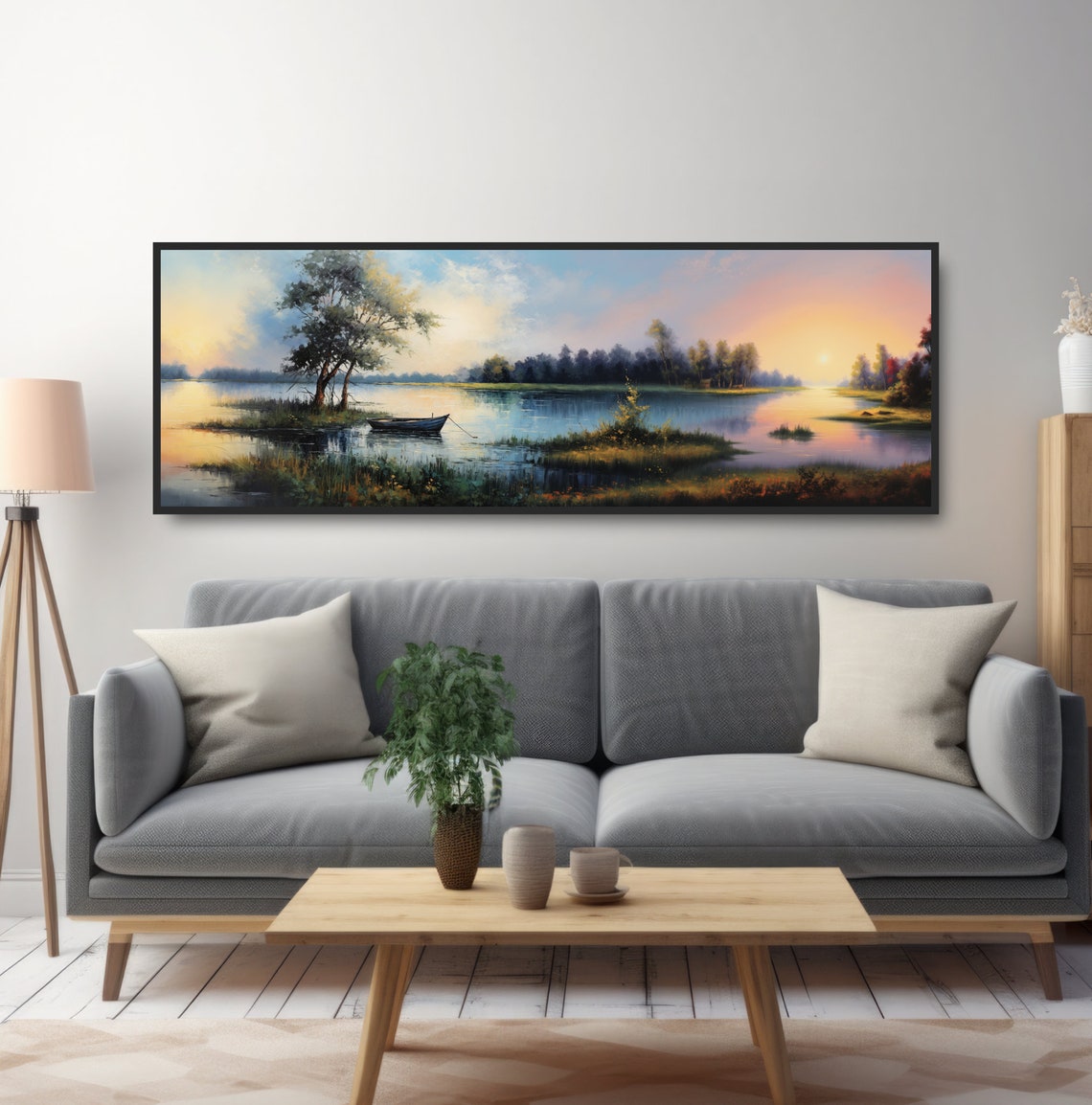 Serene Lake Sunset Rowboat Painting Pastel Sky Tranquil Wall Poster - Image 5