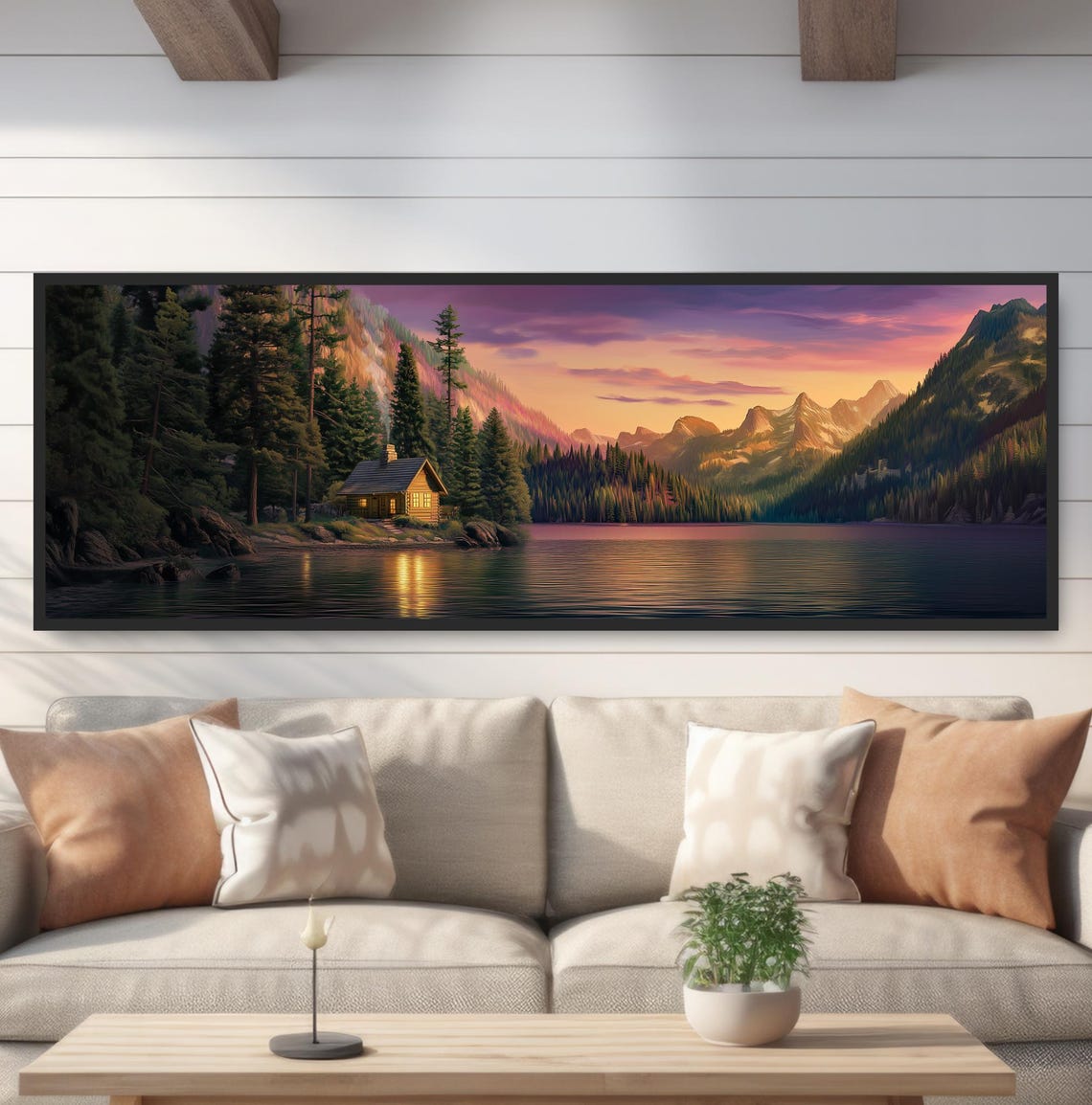 Lakeside Log Cabin Sunset Mountain Lake Panoramic Golden Sky Poster