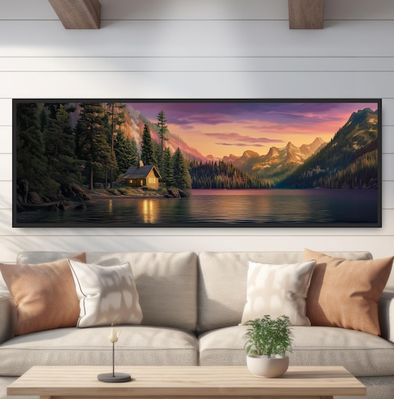 Lakeside Log Cabin Painting Print Panoramic Lake Cottage Artwork Rustic Nature Decor Green Forest Mountain Range Purple Golden Sunset