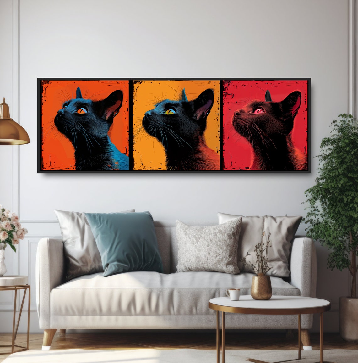 Black Cat Pop Art Triptych Comic Style Colorful Feline Wall Art Poster - Image 5