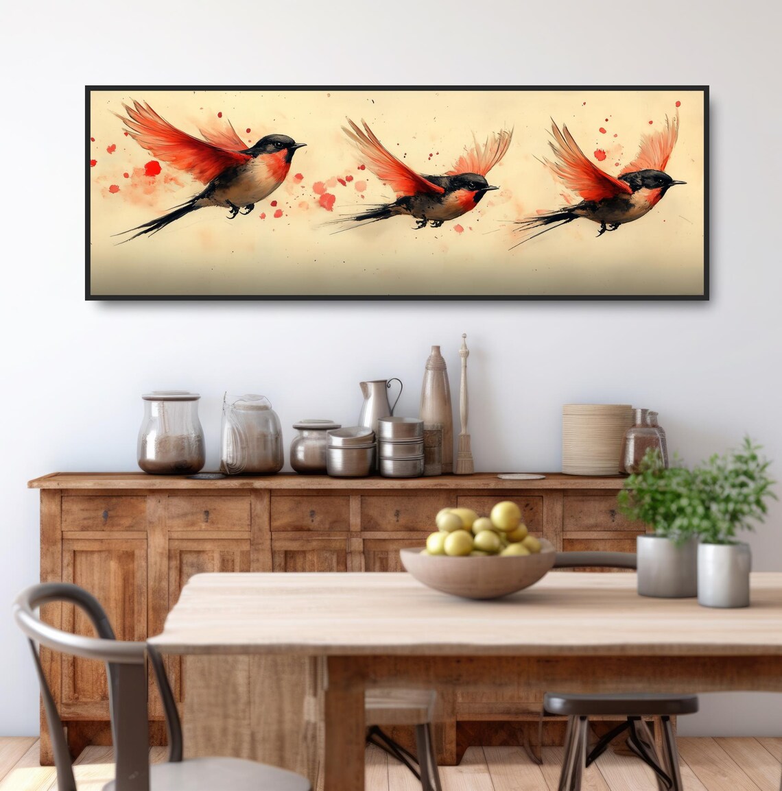 Three Flying Songbirds Red Wings Modern Watercolor Splash Art Poster - Image 3