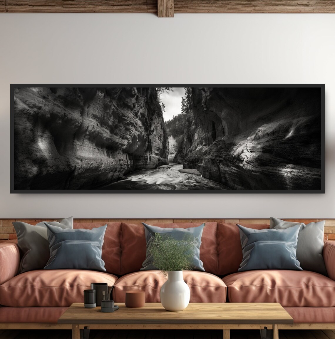 Black White Slot Canyon Walls Stream Monochrome Nature Photo Poster