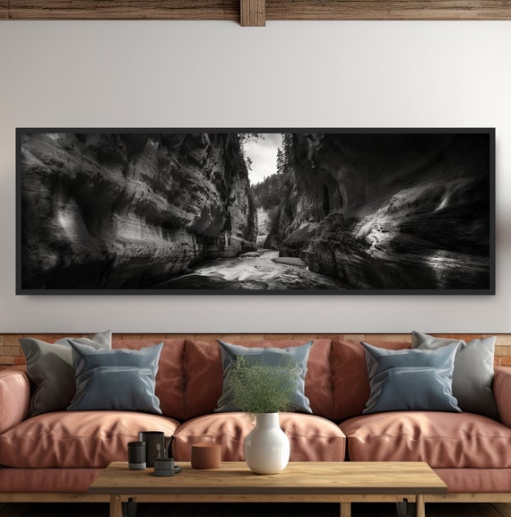 Dramatic Canyon Walls Photo Black White Panoramic Landscape Minimalist Nature High Contrast Monochrome Art Southwest Mountain Decor