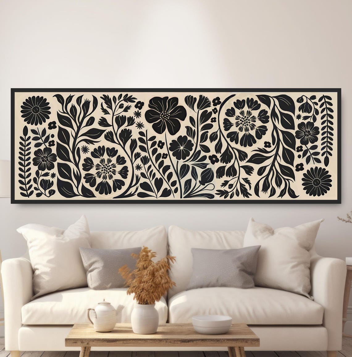 Bold Black Beige Botanical Print Asymmetric Floral Vines Decor Art