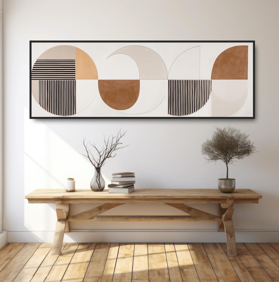 Geometric Boho Abstract Wall Art Neutral Beige Black Tan Panoramic Minimalist Painting Scandi Style Mcm Decor Contemporary Circles - Image 2