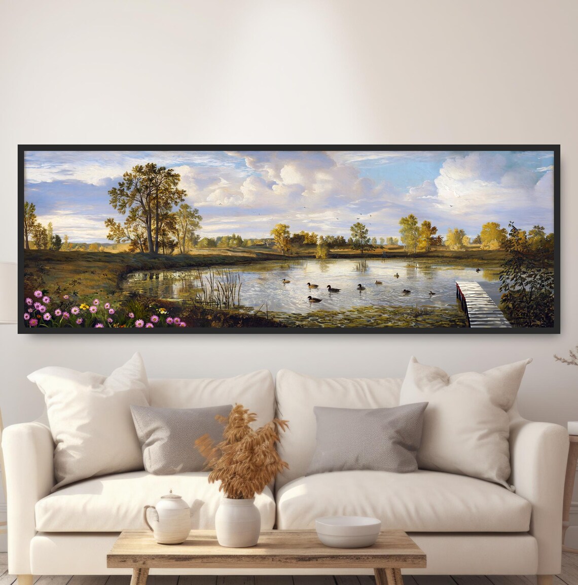 Duck Pond Morning Wooden Dock Panoramic Traditional Landscape Poster
