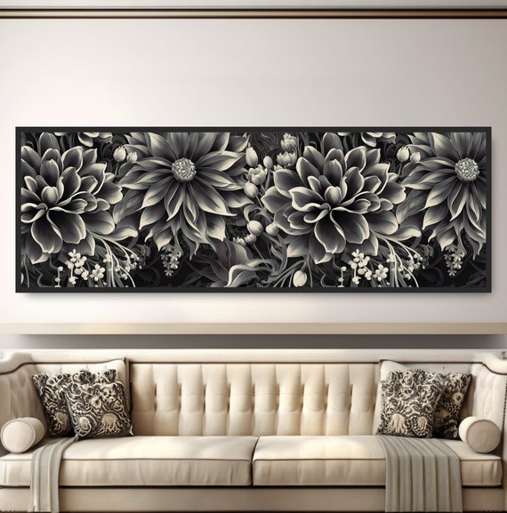 Floral Pattern Wall Art Vintage Flowers Painting Elegant Black White Bold Botanical Nature Illustration Retro Blooming Foliage Artwork
