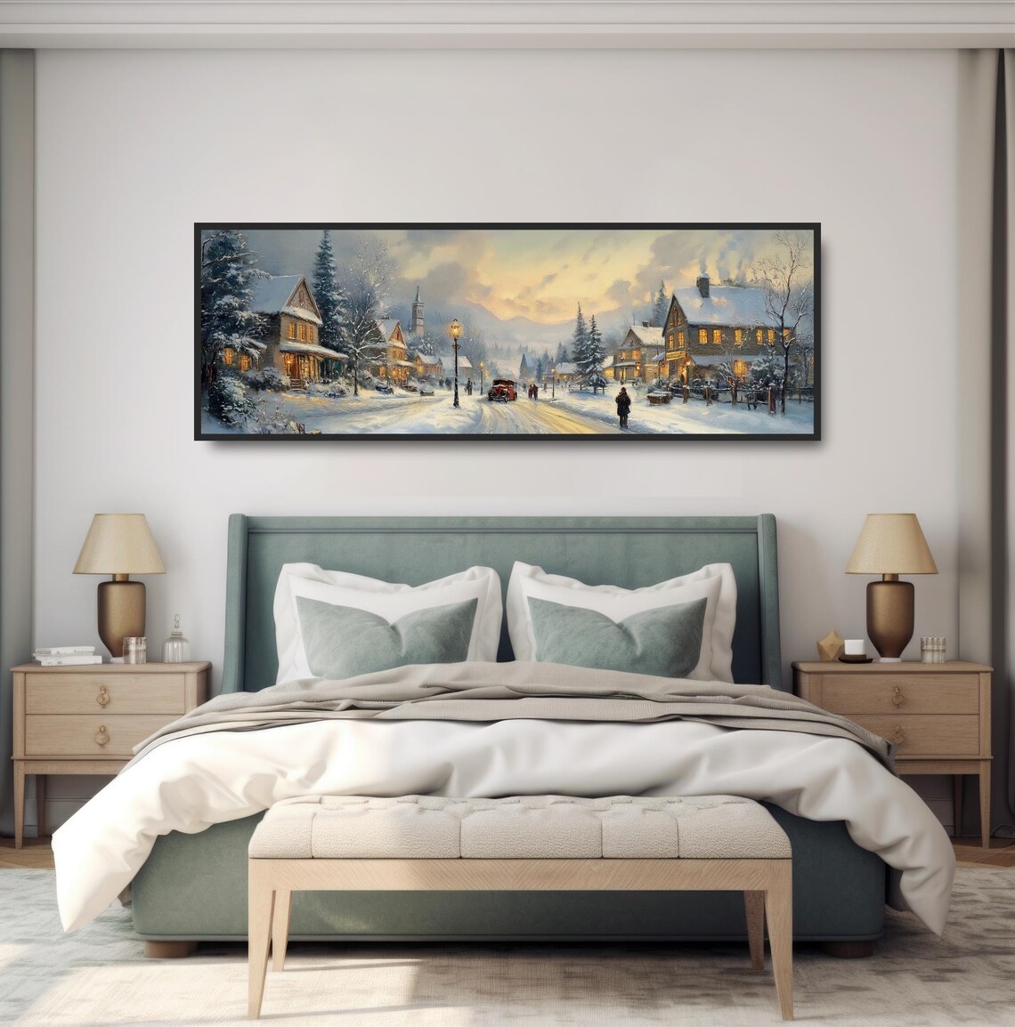 Snowy Village Street Winter Dusk Glowing Vintage Town Christmas Print - Image 4