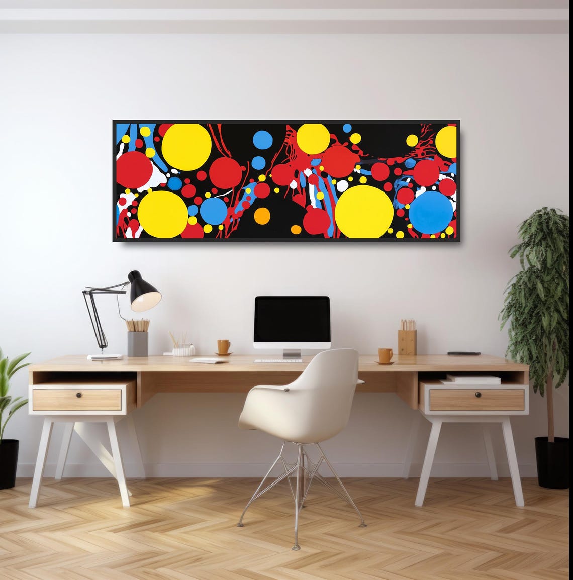 Bold Abstract Circles Painting Colorful Modern Art Print Primary Colors Red Yellow Blue Decor Midcentury Dots Splashes Panoramic - Image 2