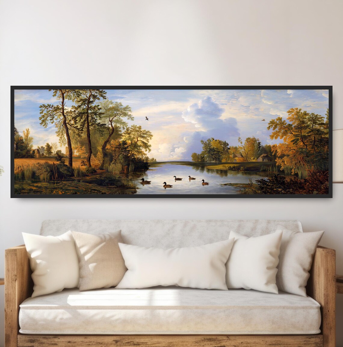 Rustic Duck Pond Autumn Morning Painting Tranquil Lake Cottage Print